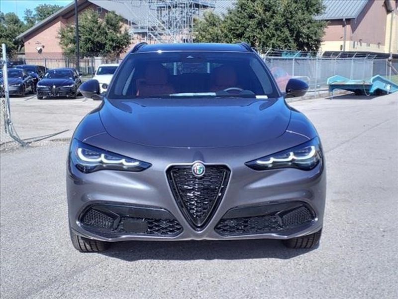 2024 Alfa Romeo Stelvio Veloce in a Vesuvio Gray Metallic exterior color and Blackinterior. Northside Imports Houston 281-475-4549 northsideimportshouston.com 