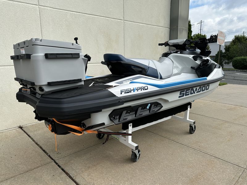 2023 SEA DOO FishPro SPORT 170 with Sound System  iDF  in a White - Gulfstream Blue exterior color. Cross Country Powersports 732-491-2900 crosscountrypowersports.com 