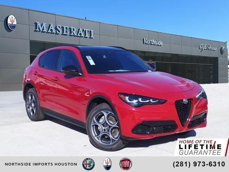 2024 Alfa Romeo Stelvio Sprint in a Alfa Rosso exterior color and Blackinterior. Northside Imports Houston 281-475-4549 northsideimportshouston.com 