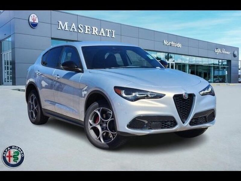 2024 Alfa Romeo Stelvio Sprint Rwd in a Moonlight Gray Metallic exterior color and Blackinterior. Northside Alfa Romeo of Houston 281-475-4549 alfaromeousaofnorthhouston.com 