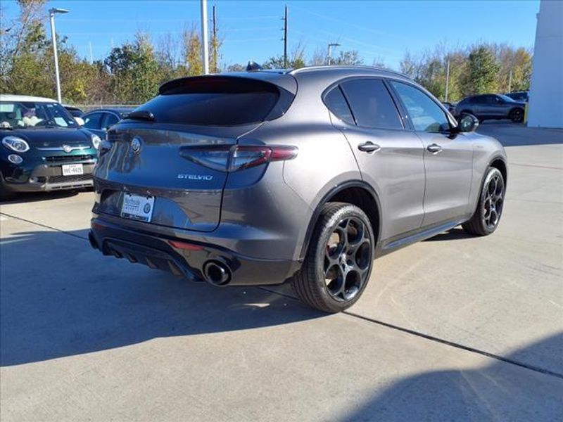 2024 Alfa Romeo Stelvio Veloce in a Vesuvio Gray Metallic exterior color and Blackinterior. Northside Imports Houston 281-475-4549 northsideimportshouston.com 