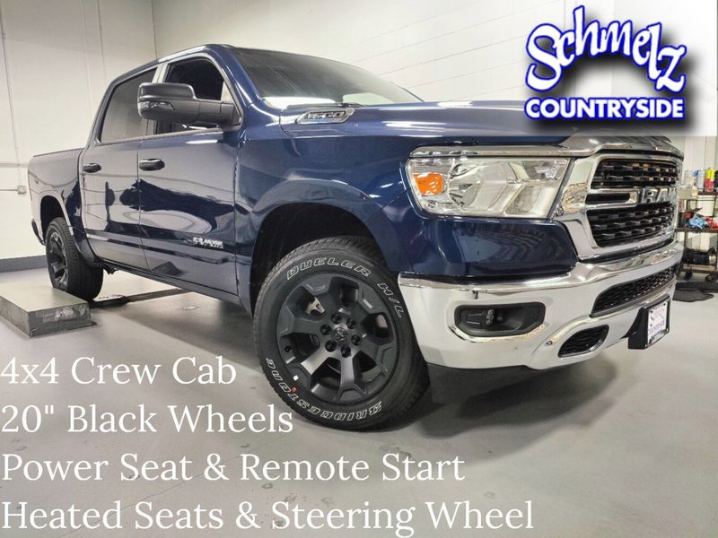 2023 RAM 1500 Big Horn Crew Cab 4x4 w/Heated Seats in a Patriot Blue Pearl Coat exterior color and Diesel Gray/Black Heated Seatsinterior. Schmelz Countryside Alfa Romeo (651) 867-3222 schmelzalfaromeo.com 