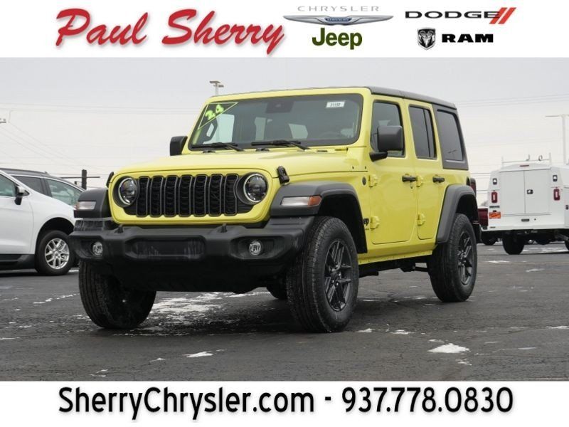 2024 Jeep Wrangler 4-door Sport S in a High Velocity Clear Coat exterior color and Blackinterior. Paul Sherry Chrysler Dodge Jeep RAM (937) 749-7061 sherrychrysler.net 