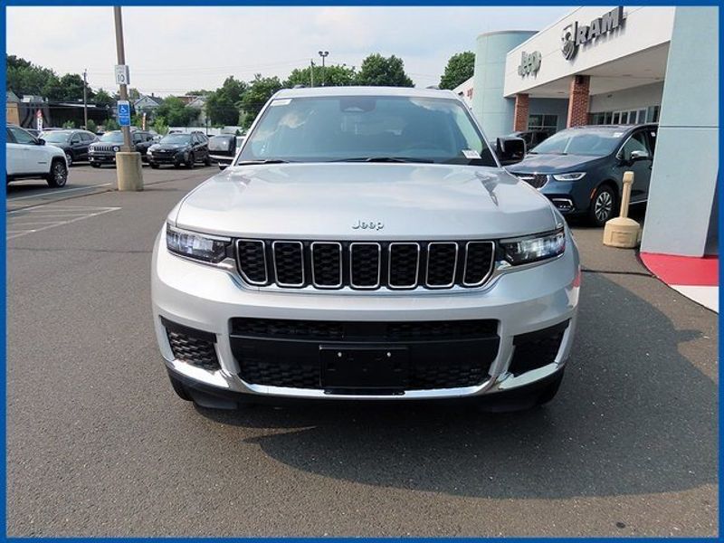 2023 Jeep Grand Cherokee Laredo in a Silver Zynith exterior color and Blackinterior. Papas Jeep Ram In New Britain, CT 860-356-0523 papasjeepram.com 