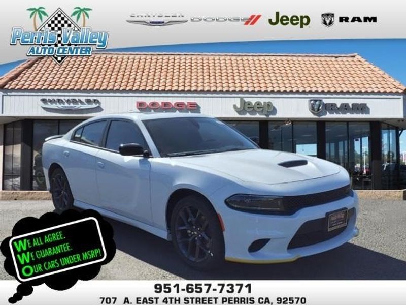2023 Dodge Charger GT in a White Knuckle Clear Coat exterior color and Blackinterior. Perris Valley Auto Center 951-657-6100 perrisvalleyautocenter.com 