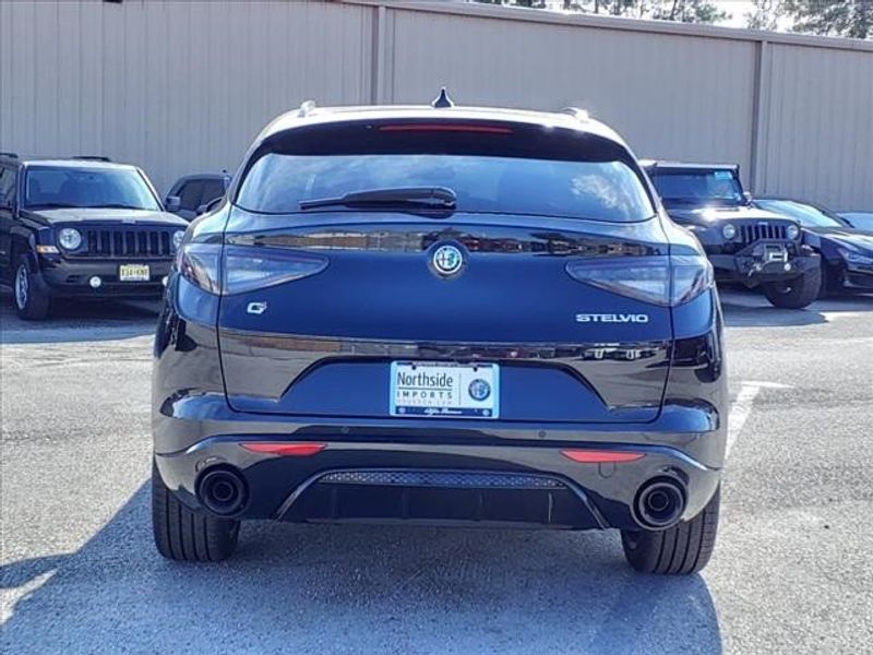 2024 Alfa Romeo Stelvio Veloce in a Vulcano Black Metallic exterior color and Blackinterior. Northside Imports Houston 281-475-4549 northsideimportshouston.com 