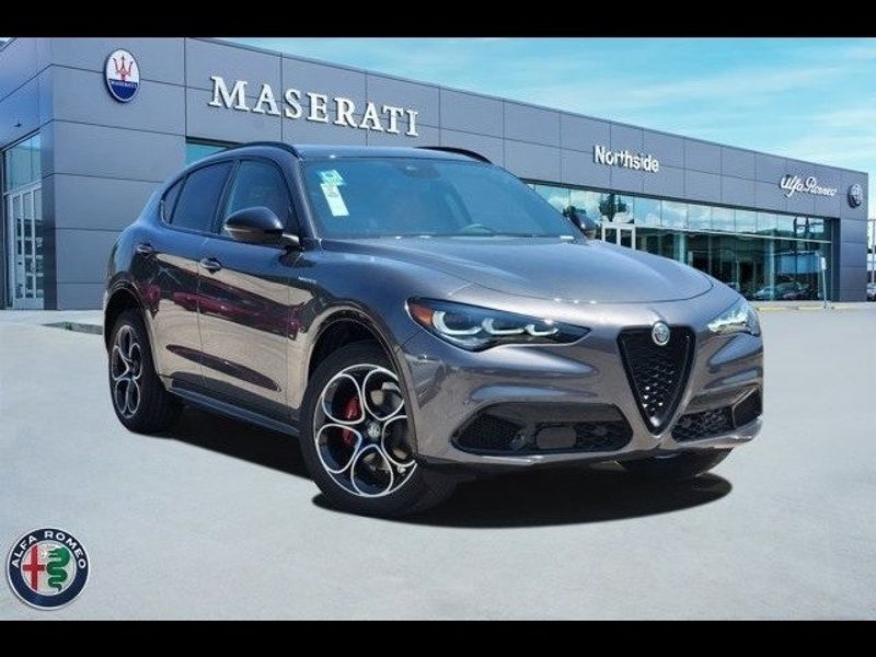 2024 Alfa Romeo Stelvio Veloce in a Vesuvio Gray Metallic exterior color and Blackinterior. Northside Imports Houston 281-475-4549 northsideimportshouston.com 