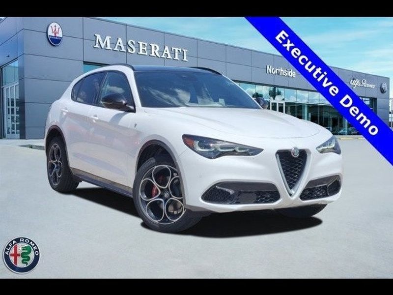 2024 Alfa Romeo Stelvio Ti in a Alfa White exterior color and Blackinterior. Northside Imports Houston 281-475-4549 northsideimportshouston.com 