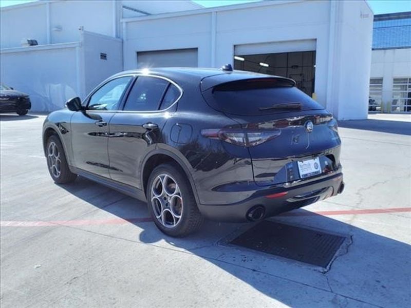 2024 Alfa Romeo Stelvio Sprint in a Vulcano Black Metallic exterior color and Blackinterior. Northside Imports Houston 281-475-4549 northsideimportshouston.com 