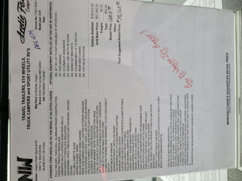 New 2026 NORTHWOOD MFG ARCTIC FOX 990 Image 25