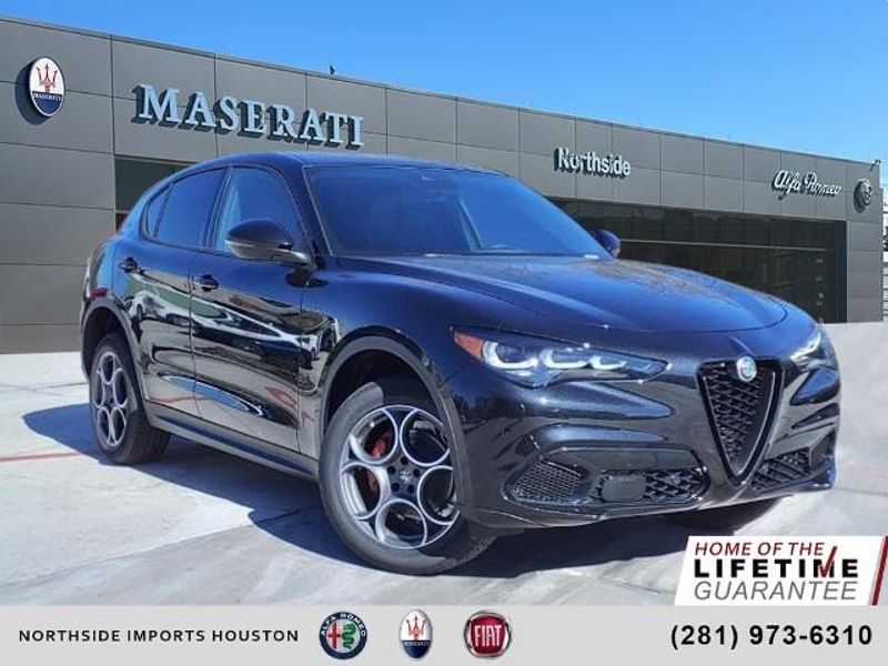 2024 Alfa Romeo Stelvio Sprint in a Vulcano Black Metallic exterior color and Blackinterior. Northside Imports Houston 281-475-4549 northsideimportshouston.com 