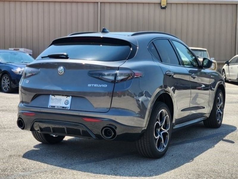 2024 Alfa Romeo Stelvio Veloce in a Vesuvio Gray Metallic exterior color and Blackinterior. Northside Imports Houston 281-475-4549 northsideimportshouston.com 