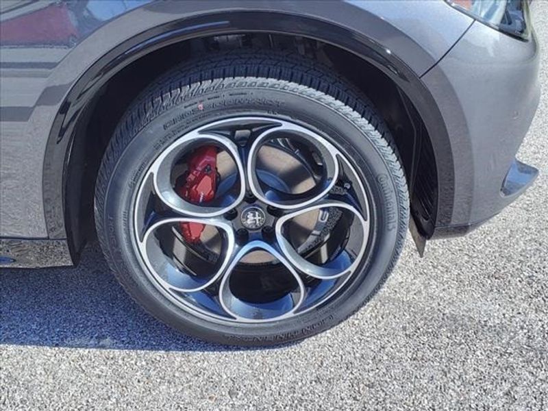 2024 Alfa Romeo Stelvio Veloce in a Vesuvio Gray Metallic exterior color and Blackinterior. Northside Imports Houston 281-475-4549 northsideimportshouston.com 