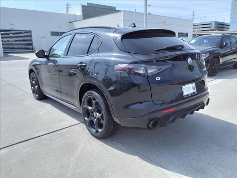 2024 Alfa Romeo Stelvio Veloce in a Vulcano Black Metallic exterior color and Blackinterior. Northside Imports Houston 281-475-4549 northsideimportshouston.com 