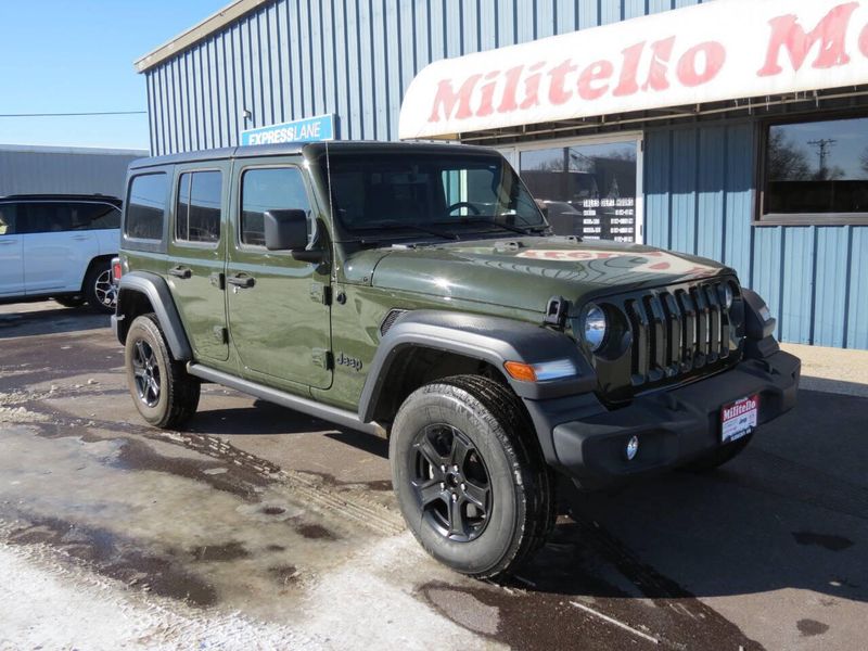 2022 Jeep Wrangler Unlimited Sport S 4x4 in a Sarge Green Clear Coat exterior color and Blackinterior. Militello Motors ​507-200-4344 militellomotors.net 