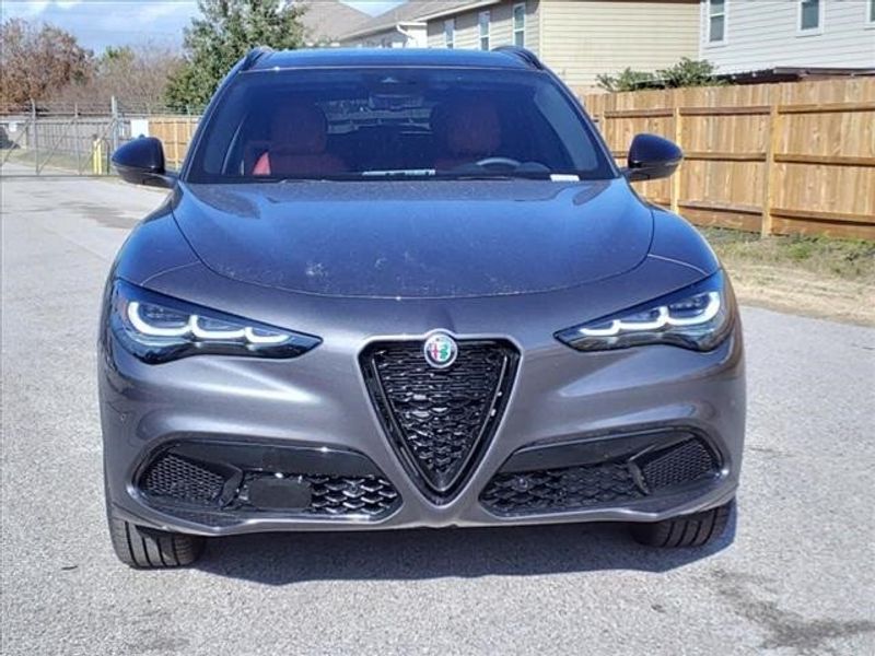 2024 Alfa Romeo Stelvio Veloce in a Vesuvio Gray Metallic exterior color and Blackinterior. Northside Imports Houston 281-475-4549 northsideimportshouston.com 