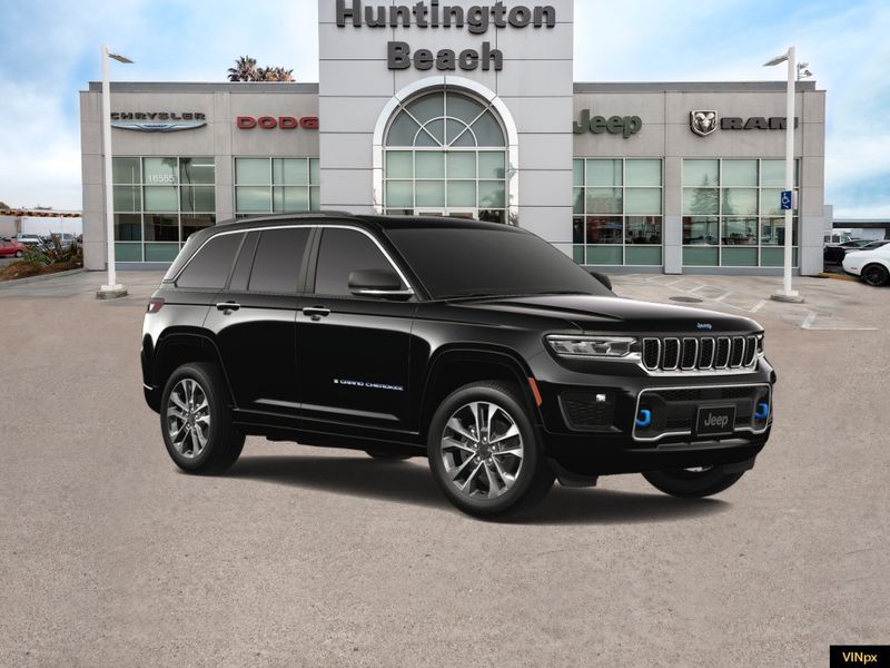 2023 Jeep Grand Cherokee 4xe Overland 4x4 in a Diamond Black Crystal Pearl Coat exterior color and Global Blackinterior. BEACH BLVD OF CARS beachblvdofcars.com 