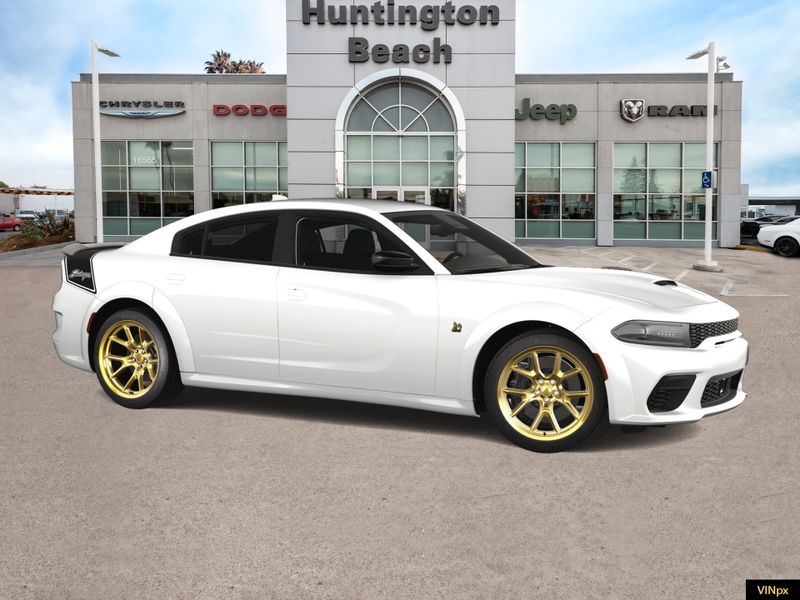 2023 Dodge Charger Scat Pack Widebody Swinger Special Edition in a White Knuckle exterior color and Blackinterior. BEACH BLVD OF CARS beachblvdofcars.com 