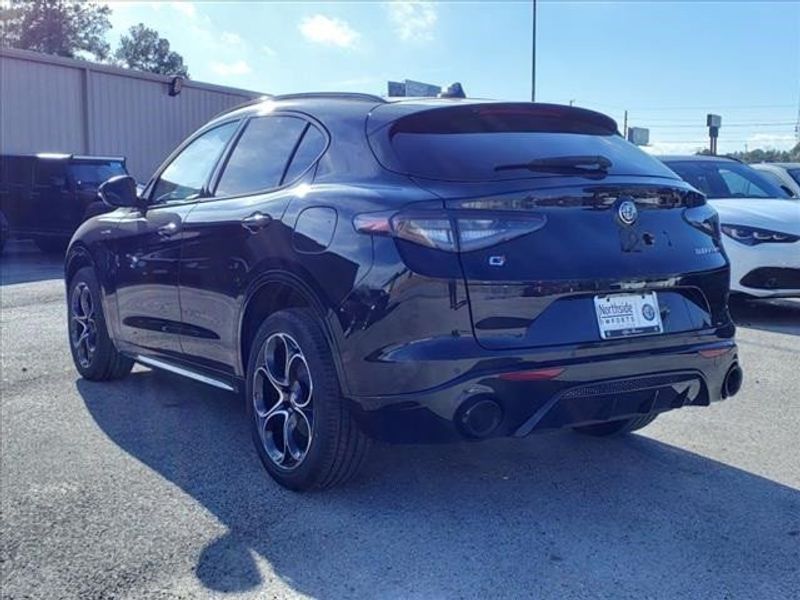 2024 Alfa Romeo Stelvio Veloce in a Vulcano Black Metallic exterior color and Blackinterior. Northside Imports Houston 281-475-4549 northsideimportshouston.com 