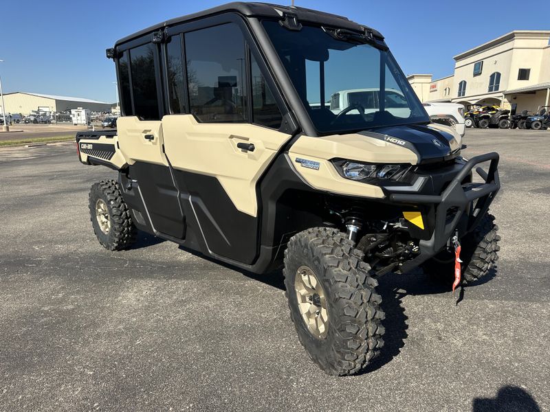 2025 CAN-AM DEFENDER MAX LIMITED CAB HD10 DESERT TAN AND STEALTH BLACK in a DESERT TAN AND STEALTH BLACK exterior color. Family PowerSports (877) 886-1997 familypowersports.com 