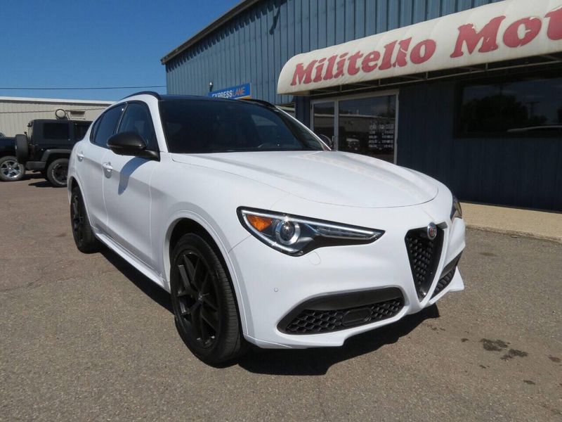 2021 Alfa Romeo Stelvio Ti Sport AWD 4dr Crossover in a White exterior color and Blackinterior. Militello Motors ​507-200-4344 militellomotors.net 