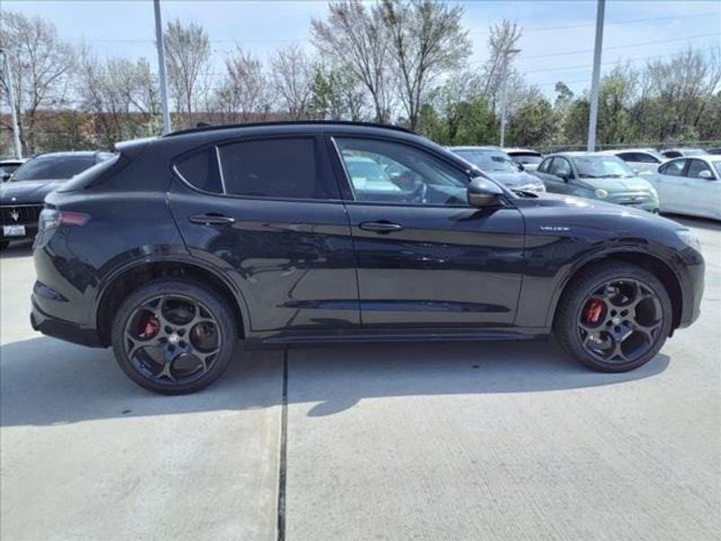 2024 Alfa Romeo Stelvio Veloce in a Vulcano Black Metallic exterior color and Blackinterior. Northside Imports Houston 281-475-4549 northsideimportshouston.com 