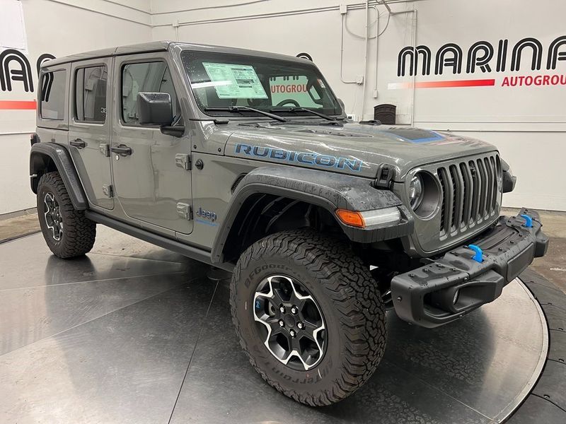 2023 Jeep Wrangler Rubicon 4xe in a Sting-Gray Clear Coat exterior color and Blackinterior. Marina Auto Group (855) 564-8688 marinaautogroup.com 