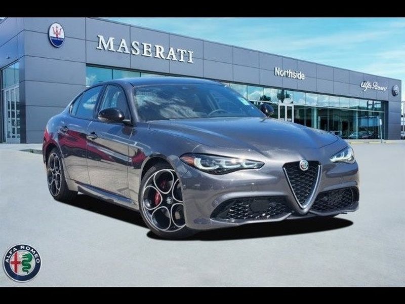 2024 Alfa Romeo Giulia Ti in a Vesuvio Gray Metallic exterior color and Blackinterior. Northside Imports Houston 281-475-4549 northsideimportshouston.com 