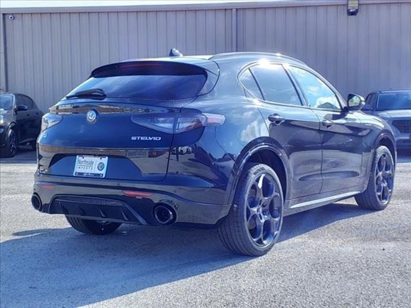 2024 Alfa Romeo Stelvio Veloce in a Vulcano Black Metallic exterior color and Blackinterior. Northside Imports Houston 281-475-4549 northsideimportshouston.com 