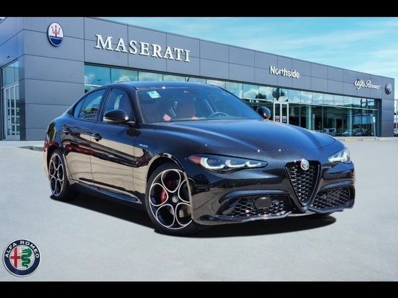 2024 Alfa Romeo Giulia Veloce in a Vulcano Black Metallic exterior color and Blackinterior. Northside Imports Houston 281-475-4549 northsideimportshouston.com 