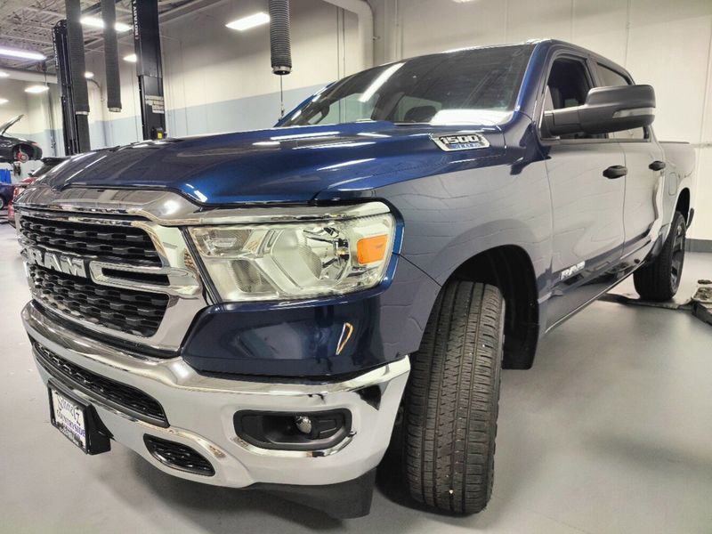 2023 RAM 1500 Big Horn Crew Cab 4x4 w/Heated Seats in a Patriot Blue Pearl Coat exterior color and Diesel Gray/Black Heated Seatsinterior. Schmelz Countryside Alfa Romeo (651) 867-3222 schmelzalfaromeo.com 