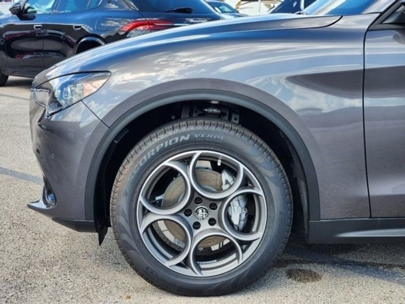 2024 Alfa Romeo Stelvio Sprint in a Vesuvio Gray Metallic exterior color and Blackinterior. Northside Imports Houston 281-475-4549 northsideimportshouston.com 