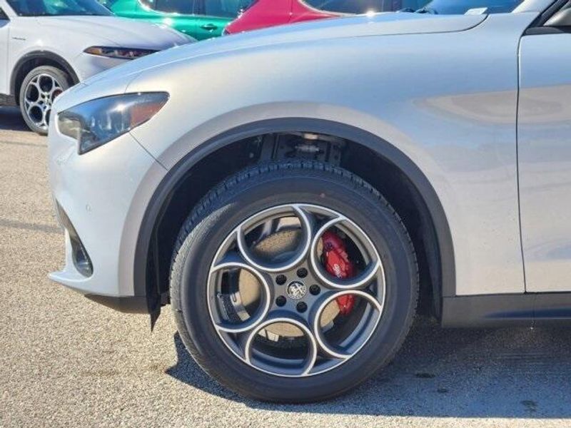 2024 Alfa Romeo Stelvio Sprint Rwd in a Moonlight Gray Metallic exterior color and Blackinterior. Northside Alfa Romeo of Houston 281-475-4549 alfaromeousaofnorthhouston.com 