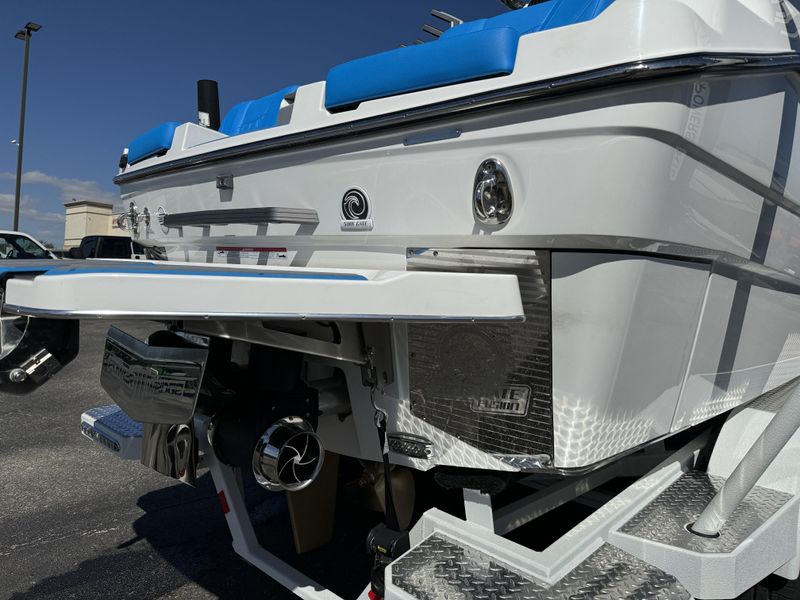 2025 MALIBU MSERIES M230  in a WHITE AND BLUE exterior color. Family PowerSports (877) 886-1997 familypowersports.com 