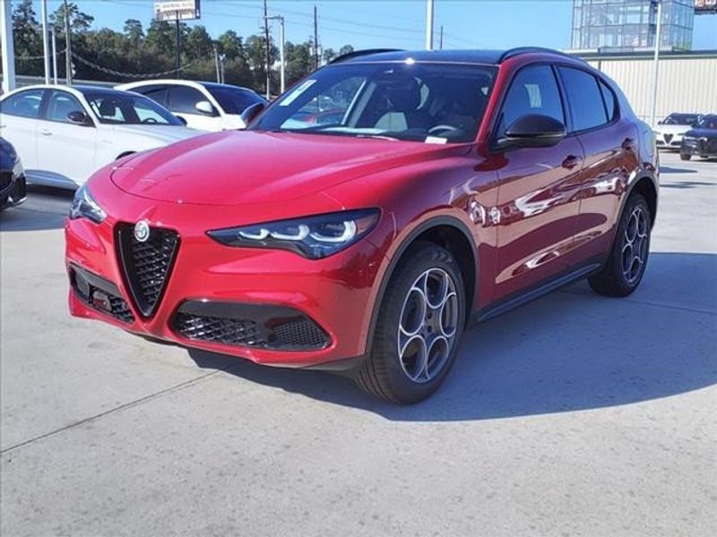 2024 Alfa Romeo Stelvio Sprint in a Alfa Rosso exterior color and Blackinterior. Northside Imports Houston 281-475-4549 northsideimportshouston.com 