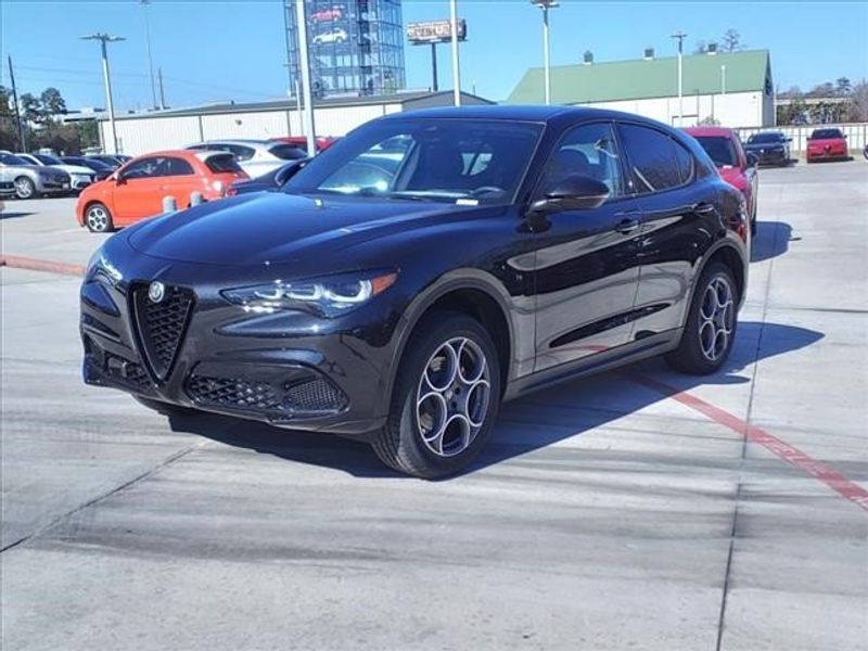 2024 Alfa Romeo Stelvio Sprint in a Vulcano Black Metallic exterior color and Blackinterior. Northside Imports Houston 281-475-4549 northsideimportshouston.com 