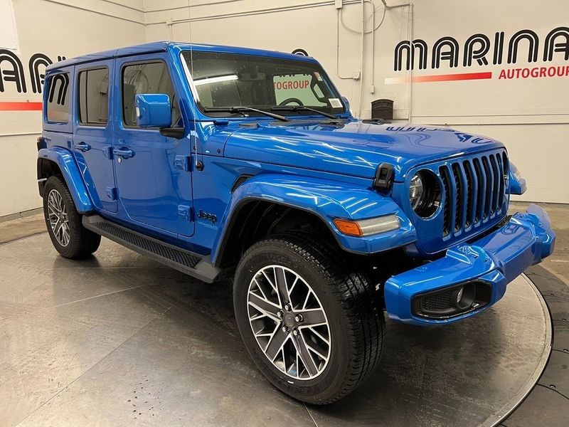 2022 Jeep Wrangler 4xe Unlimited High Altitude 4x4 in a Hydro Blue Pearl Coat exterior color and Blackinterior. Marina Auto Group (855) 564-8688 marinaautogroup.com 