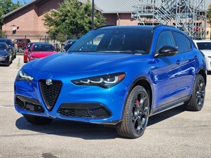 2024 Alfa Romeo Stelvio Veloce in a Misano Blue Metallic exterior color and Blackinterior. Northside Imports Houston 281-475-4549 northsideimportshouston.com 