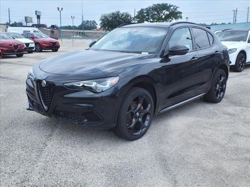 2024 Alfa Romeo Stelvio Veloce in a Vulcano Black Metallic exterior color and Blackinterior. Northside Imports Houston 281-475-4549 northsideimportshouston.com 