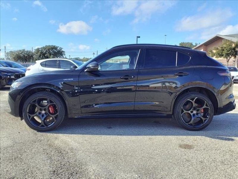 2024 Alfa Romeo Stelvio Veloce in a Vulcano Black Metallic exterior color and Blackinterior. Northside Imports Houston 281-475-4549 northsideimportshouston.com 