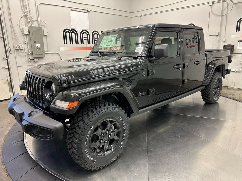 2023 Jeep Gladiator Willys 4x4 in a Black Clear Coat exterior color and Blackinterior. Marina Chrysler Dodge Jeep RAM (855) 616-8084 marinadodgeny.com 