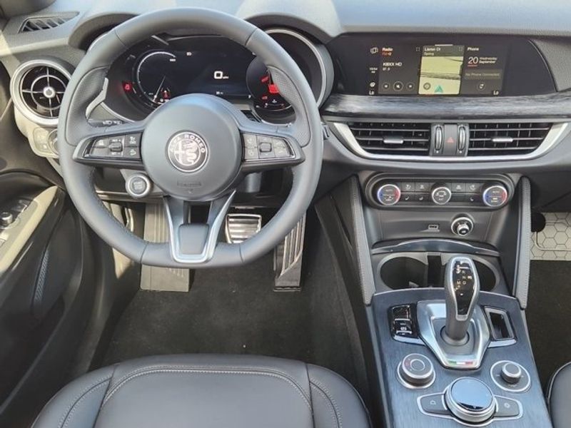 2024 Alfa Romeo Stelvio Sprint in a Vesuvio Gray Metallic exterior color and Blackinterior. Northside Imports Houston 281-475-4549 northsideimportshouston.com 