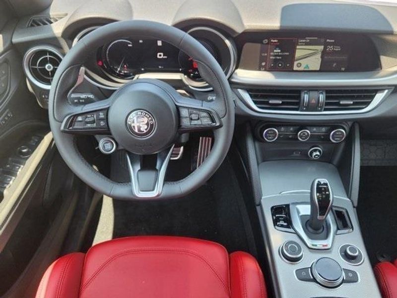 2024 Alfa Romeo Stelvio Veloce in a Vesuvio Gray Metallic exterior color and Blackinterior. Northside Imports Houston 281-475-4549 northsideimportshouston.com 