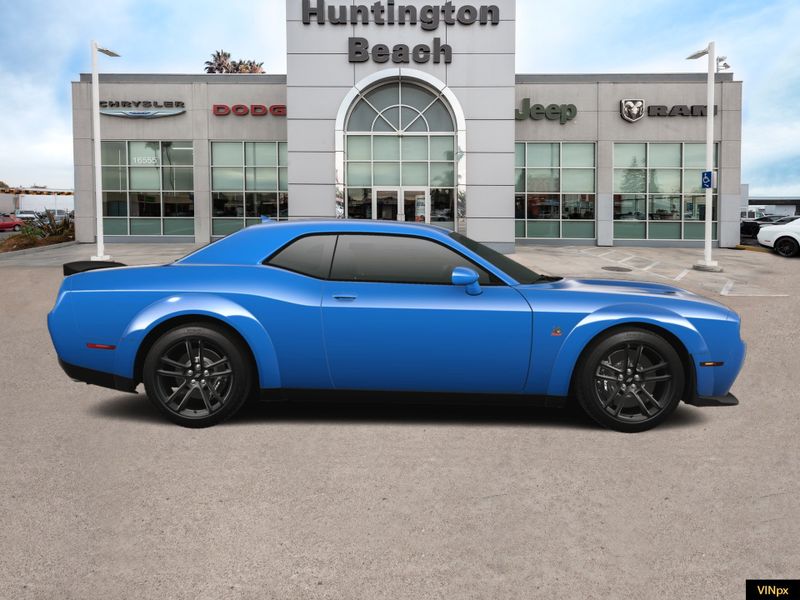 2023 Dodge Challenger R/T Scat Pack Widebody in a B5 Blue Pearl Coat exterior color and Blackinterior. BEACH BLVD OF CARS beachblvdofcars.com 