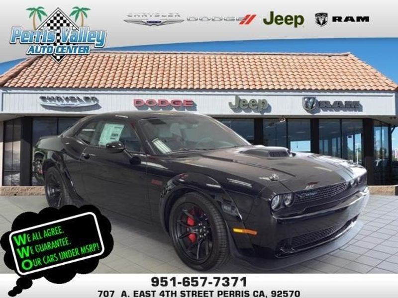 2023 Dodge Challenger R/T Scat Pack Widebody in a Pitch Black Clear Coat exterior color and Blackinterior. Perris Valley Auto Center 951-657-6100 perrisvalleyautocenter.com 