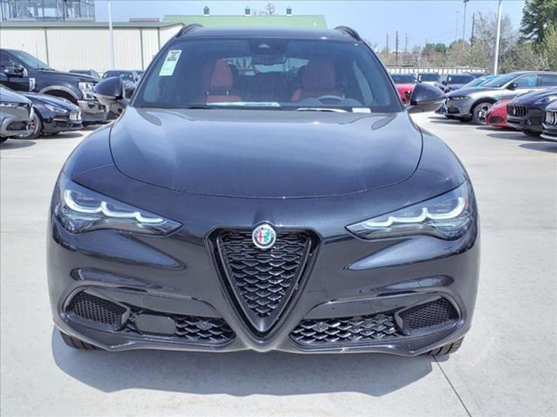 2024 Alfa Romeo Stelvio Veloce in a Vulcano Black Metallic exterior color and Blackinterior. Northside Imports Houston 281-475-4549 northsideimportshouston.com 