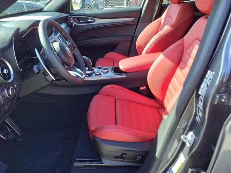 2024 Alfa Romeo Stelvio Veloce in a Vesuvio Gray Metallic exterior color and Blackinterior. Northside Imports Houston 281-475-4549 northsideimportshouston.com 