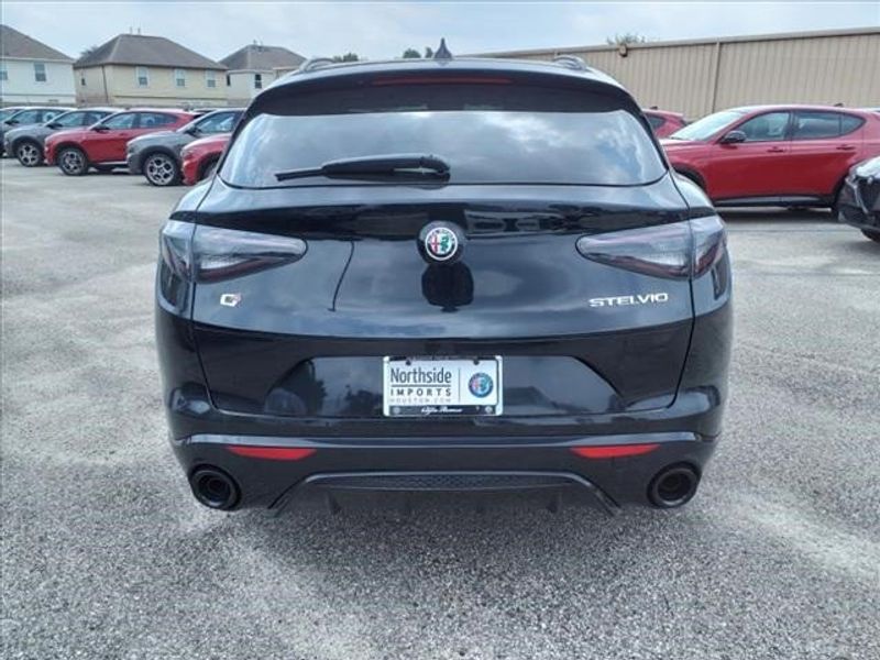 2024 Alfa Romeo Stelvio Veloce in a Vulcano Black Metallic exterior color and Blackinterior. Northside Imports Houston 281-475-4549 northsideimportshouston.com 