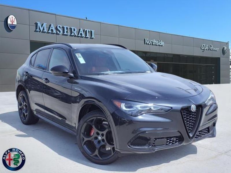 2024 Alfa Romeo Stelvio Veloce in a Vulcano Black Metallic exterior color and Blackinterior. Northside Imports Houston 281-475-4549 northsideimportshouston.com 