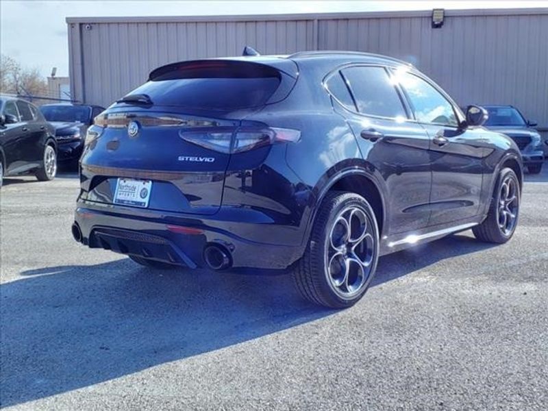 2024 Alfa Romeo Stelvio Veloce in a Vulcano Black Metallic exterior color and Blackinterior. Northside Imports Houston 281-475-4549 northsideimportshouston.com 